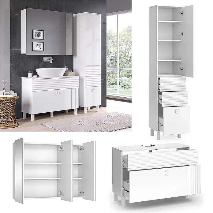 Vicco Badmöbel-Set Sola Weiß 3 Teile, mit Hochschrank - Gesamtbreite Badmöbel: 140,4 cm, Weiß, Matt - Weißes modernes Badmöbelset: Waschtischunterschrank mit Waschbecken, Spiegelschrank und Hochschrank, mit gerillten Fronten.
