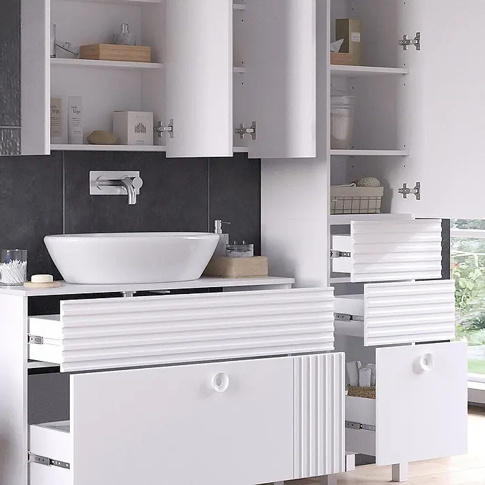 Vicco Badmöbel-Set Sola Weiß 3 Teile, mit Hochschrank - Gesamtbreite Badmöbel: 140,4 cm, Weiß, Matt - Modernes weißes Badmöbel-Set mit Aufsatzwaschbecken, Wandarmatur und offenen Schränken sowie gerippten Schubladen.