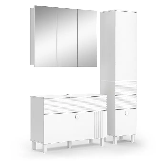 Vicco Badmöbel-Set Sola Weiß 3 Teile, mit Hochschrank - Gesamtbreite Badmöbel: 140,4 cm, Weiß, Matt - Weißes Badmöbel-Set: Spiegelschrank, Waschtisch mit Rillen, hoher Hochschrank.