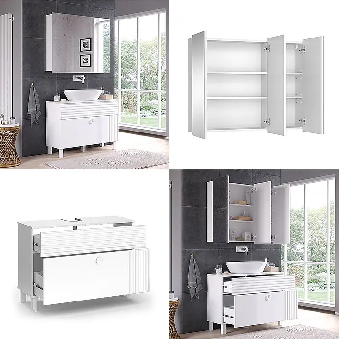 Vicco Badmöbel-Set Sola Weiß 2 Teile - Gesamtbreite Badmöbel: 100,2 cm, Weiß, Matt - Weißer Badunterschrank mit Aufsatzwaschbecken, gerillten Details und passendem dreitürigem Spiegelschrank.