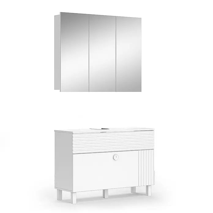 Vicco Badmöbel-Set Sola Weiß 2 Teile - Gesamtbreite Badmöbel: 100,2 cm, Weiß, Matt - Weißer Badezimmerschrank mit geriffelten Details und passendem dreitürigem Spiegelschrank.