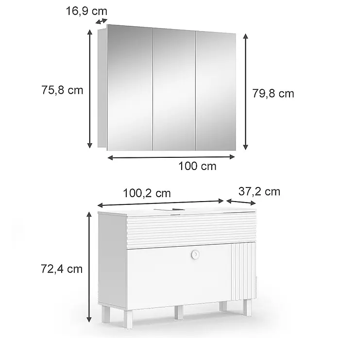 Vicco Badmöbel-Set Sola Weiß 2 Teile - Gesamtbreite Badmöbel: 100,2 cm, Weiß, Matt - Weißer Badunterschrank mit Waschbecken und Spiegelschrank, Maße angegeben.