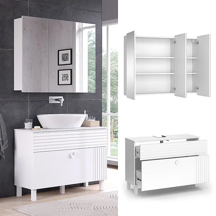 Vicco Badmöbel-Set Sola Weiß 2 Teile - Gesamtbreite Badmöbel: 100,2 cm, Weiß, Matt - Weißer Badezimmerschrank mit strukturierter Front, Waschbecken und Spiegelschrank mit Regalen.