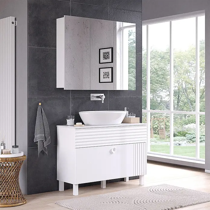 Vicco Badmöbel-Set Sola Weiß 2 Teile - Gesamtbreite Badmöbel: 100,2 cm, Weiß, Matt - Weißer Badezimmerschrank mit Rillen, Aufsatzwaschbecken und Spiegelschrank, passend für ein modernes Bad.