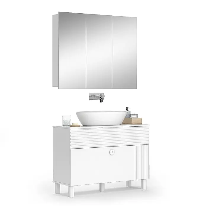 Vicco Badmöbel-Set Sola Weiß 2 Teile - Gesamtbreite Badmöbel: 100,2 cm, Weiß, Matt - Weißer Badezimmerschrank mit Aufsatzwaschbecken, Wandarmatur und dreitürigem Spiegelschrank.