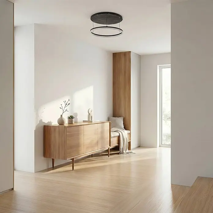 Lucande Deckenleuchte Orven - L x B x H: 50 x 50 x 24 cm, schwarz - Moderne schwarze Deckenleuchte mit Marmorplatte und LED-Ring, beleuchtet einen minimalistischen Flur.