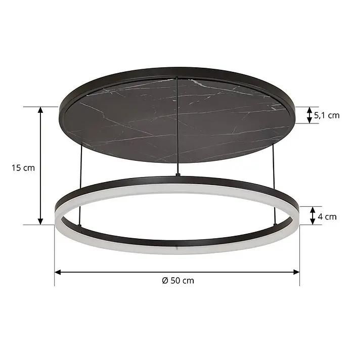 Lucande Deckenleuchte Orven - L x B x H: 50 x 50 x 24 cm, schwarz - Schwarze LED-Deckenleuchte mit Marmor-Deckenplatte und abgehängtem Lichtring.