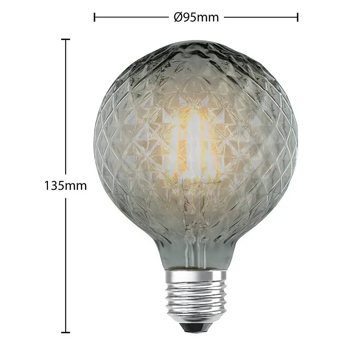 Lucande LED-Lampe E27 G95 LED 4W - E27, Nicht Dimmbar, Warmweiß, 150 lm, 4 W - Rauchglas-LED-Globelampe mit Facettentextur und E27-Sockel, 95mm Durchmesser, 135mm Höhe.