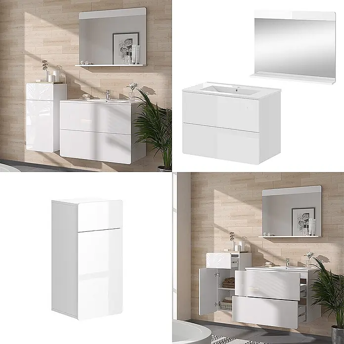 Vicco Badmöbel-Set Izan Weiß 4 Teile mit Midischrank - Gesamtbreite Badmöbel: 116,6 cm, Weiß, Glänzend - Weißes, glänzendes Badmöbelset: Waschtisch mit Waschbecken, zwei Schubladen, Hochschrank und Spiegel mit Ablage.