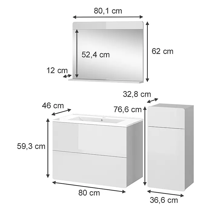 Vicco Badmöbel-Set Izan Weiß 4 Teile mit Midischrank - Gesamtbreite Badmöbel: 116,6 cm, Weiß, Glänzend - Weißer Badwaschtisch mit integriertem Waschbecken, Spiegel mit Ablage und hoher Seitenschrank, alle Maße angegeben.