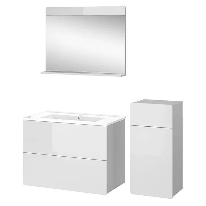 Vicco Badmöbel-Set Izan Weiß 4 Teile mit Midischrank - Gesamtbreite Badmöbel: 116,6 cm, Weiß, Glänzend - Weißer Hochglanz-Badwaschtisch mit integriertem Waschbecken und zwei Schubladen, passender Hochschrank und Wandspiegel mit Ablage.
