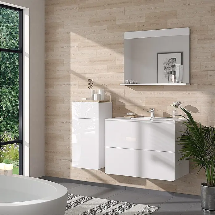 Vicco Badmöbel-Set Izan Weiß 4 Teile mit Midischrank - Gesamtbreite Badmöbel: 116,6 cm, Weiß, Glänzend - Moderner weißer Hochglanz-Badwaschtisch mit integriertem Waschbecken und passendem Hochschrank im Badezimmer.