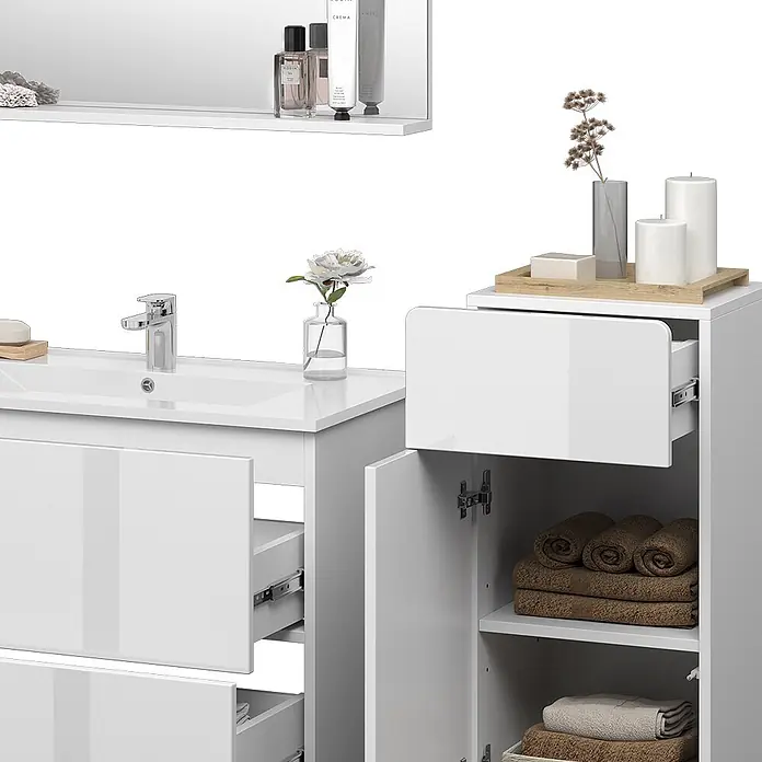 Vicco Badmöbel-Set Izan Weiß 4 Teile mit Midischrank - Gesamtbreite Badmöbel: 116,6 cm, Weiß, Glänzend - Weißer Badunterschrank mit integriertem Waschbecken und Hochschrank, offene Schubladen/Türen mit Handtüchern.