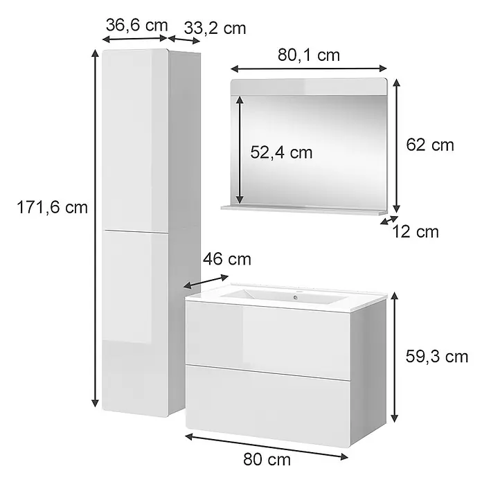 Vicco Badmöbel-Set Izan Weiß 4 Teile mit Hochschrank - Gesamtbreite Badmöbel: 116,6 cm, Weiß, Glänzend - Weißes Badezimmermöbel-Set mit Hochschrank, Spiegel und Waschtischunterschrank mit Schubladen, Maße angegeben.