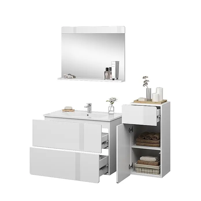Vicco Badmöbel-Set Izan Weiß 4 Teile mit Midischrank - Gesamtbreite Badmöbel: 116,6 cm, Weiß, Glänzend - Weißes Badmöbel-Set mit Waschbecken, Spiegel mit Ablage und offenen Schranktüren und Schubladen.