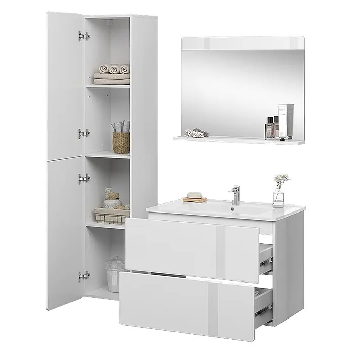 Vicco Badmöbel-Set Izan Weiß 4 Teile mit Hochschrank - Gesamtbreite Badmöbel: 116,6 cm, Weiß, Glänzend - Weißes Hochglanz-Badmöbelset: Hochschrank, Wandspiegel mit Ablage und Waschtisch mit integriertem Becken und zwei Schubladen.
