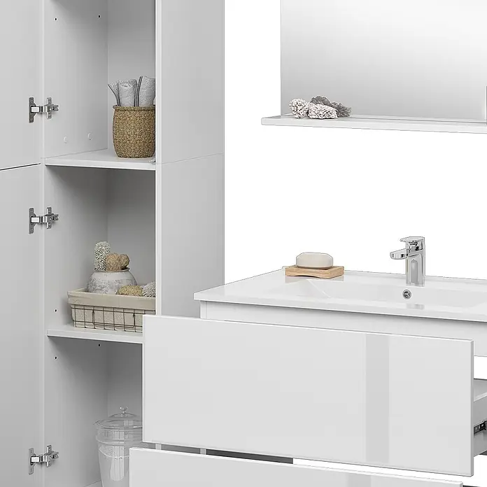 Vicco Badmöbel-Set Izan Weiß 5 Teile - Gesamtbreite Badmöbel: 153,2 cm, Weiß, Glänzend - Weiß glänzender Badezimmerschrank mit Waschbecken, Armatur, offenen Schubladen und Hochschrank mit Regalen.