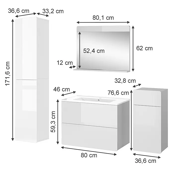 Vicco Badmöbel-Set Izan Weiß 5 Teile - Gesamtbreite Badmöbel: 153,2 cm, Weiß, Glänzend - Weißes Badmöbelset mit Hochschrank, Waschtisch mit Waschbecken, Spiegel und kleinem Schrank.