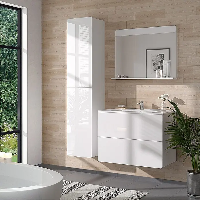 Vicco Badmöbel-Set Izan Weiß 4 Teile mit Hochschrank - Gesamtbreite Badmöbel: 116,6 cm, Weiß, Glänzend - Glänzender weißer Waschtischunterschrank mit zwei Schubladen und passendem Hochschrank im Bad.