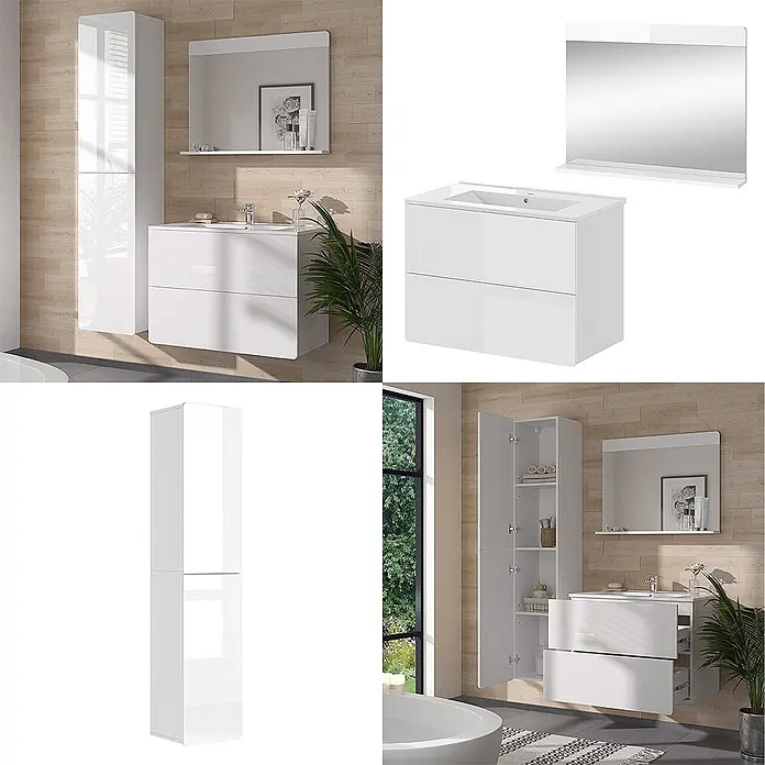 Vicco Badmöbel-Set Izan Weiß 4 Teile mit Hochschrank - Gesamtbreite Badmöbel: 116,6 cm, Weiß, Glänzend - Weißglänzendes Badmöbel-Set: Hochschrank, Waschtischunterschrank mit Waschbecken und Spiegel mit Ablage.