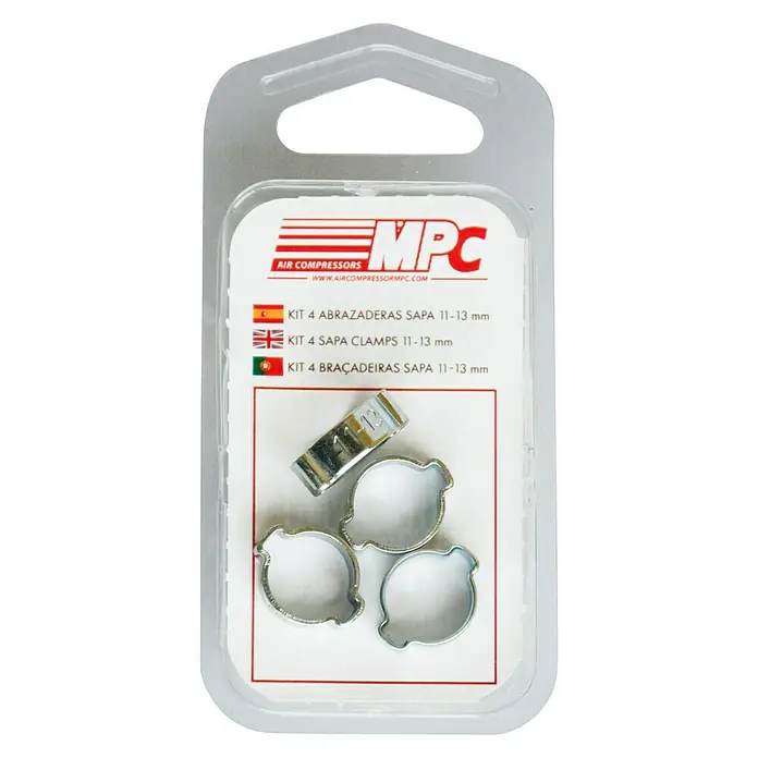 MPC Surtido de abrazaderas para manguera SAPA - 11 - 13 mm, 4 ud. - Un paquete de cuatro abrazaderas Sapa (11-13 mm) de MPC Air Compressors, ideal para diversas aplicaciones.