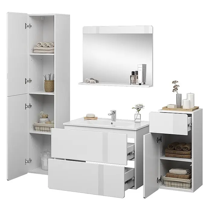 Vicco Badmöbel-Set Izan Weiß 5 Teile - Gesamtbreite Badmöbel: 153,2 cm, Weiß, Glänzend - Glänzendes weißes Badmöbelset: Hochschrank, Waschtisch, Spiegel mit Ablage und Beistellschrank für praktischen Stauraum.