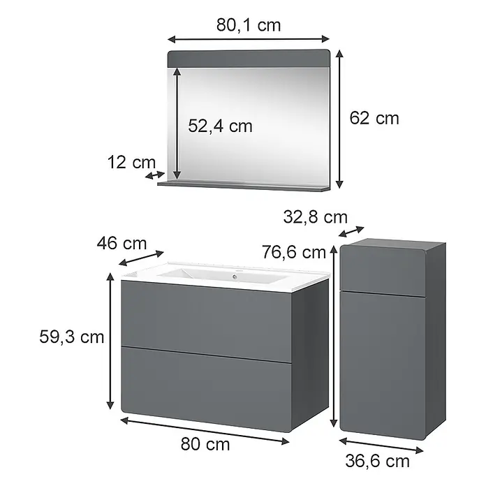 Vicco Badmöbel-Set Izan Grau 4 Teile mit Midischrank - Gesamtbreite Badmöbel: 116,6 cm, Grau, Matt - Dunkelgraues Badmöbel-Set mit Waschtisch, weißem Waschbecken, Spiegel und Hochschrank.