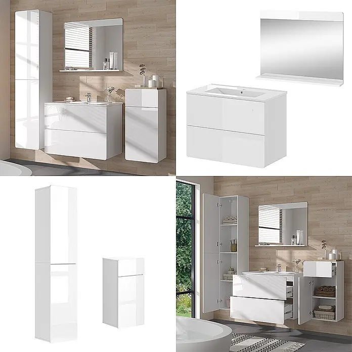 Vicco Badmöbel-Set Izan Weiß 5 Teile - Gesamtbreite Badmöbel: 153,2 cm, Weiß, Glänzend - Weißglänzendes Badmöbelset: Waschtisch, Spiegel, hoher & kleiner Schrank, mit offener Aufbewahrung.