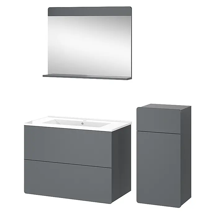 Vicco Badmöbel-Set Izan Grau 4 Teile mit Midischrank - Gesamtbreite Badmöbel: 116,6 cm, Grau, Matt - Dunkelgraues Badmöbel-Set: Waschtisch mit weißem Waschbecken, Spiegel mit Ablage und Hochschrank.