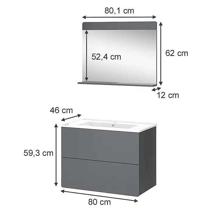 Vicco Badmöbel-Set Izan Grau 3 Teile - Gesamtbreite Badmöbel: 80 cm, Grau, Matt - Grauer Badunterschrank mit weißem Waschbecken und passendem grauem Spiegel mit Ablage.