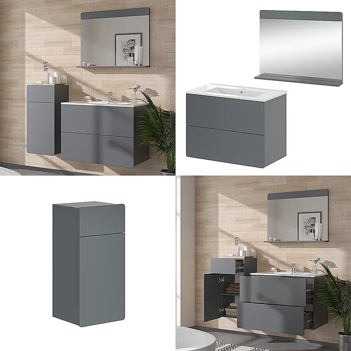 Vicco Badmöbel-Set Izan Grau 4 Teile mit Midischrank - Gesamtbreite Badmöbel: 116,6 cm, Grau, Matt - Dunkelgrauer wandmontierter Badwaschtisch mit Waschbecken und Schubladen, passendem Hochschrank und Spiegel mit Ablage.