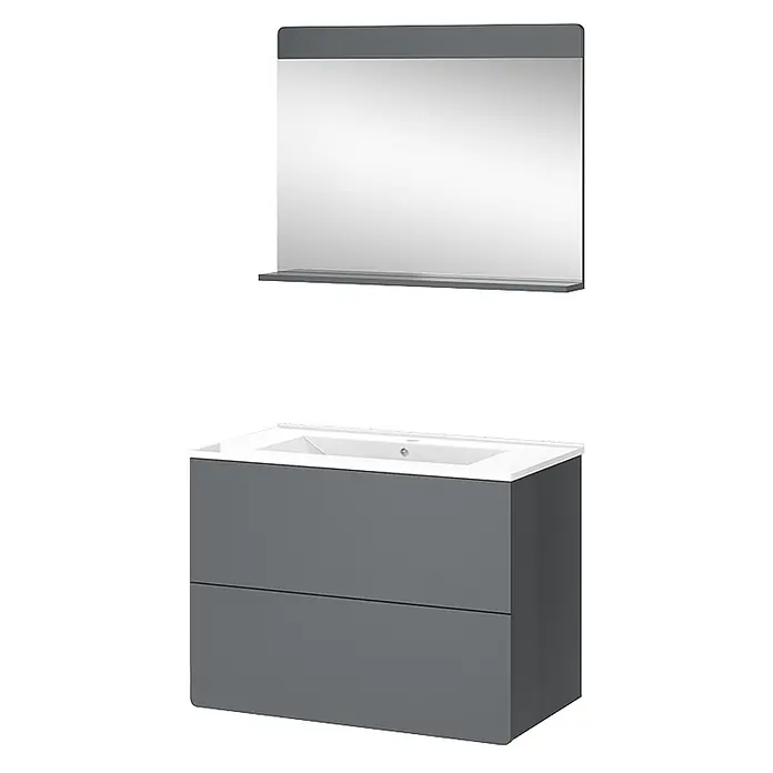 Vicco Badmöbel-Set Izan Grau 3 Teile - Gesamtbreite Badmöbel: 80 cm, Grau, Matt - Grauer Badunterschrank mit integriertem Waschbecken und passendem Spiegel mit Ablage.