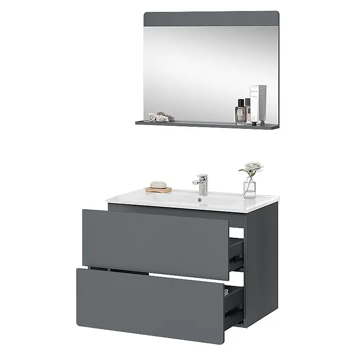 Vicco Badmöbel-Set Izan Grau 3 Teile - Gesamtbreite Badmöbel: 80 cm, Grau, Matt - Dunkelgrauer Badunterschrank mit weißem Waschbecken und zwei offenen Schubladen sowie passendem Spiegel mit Ablage.