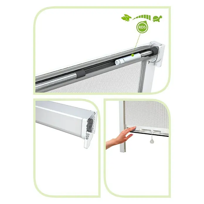 Mosquitera enrollable vertical - An x Al: 125 x 170 cm, Montaje de la mosquitera: Inserción, Color bastidor: Blanco - Primer plano de un mosquitero enrollable con sistema RDS y detalles del producto.