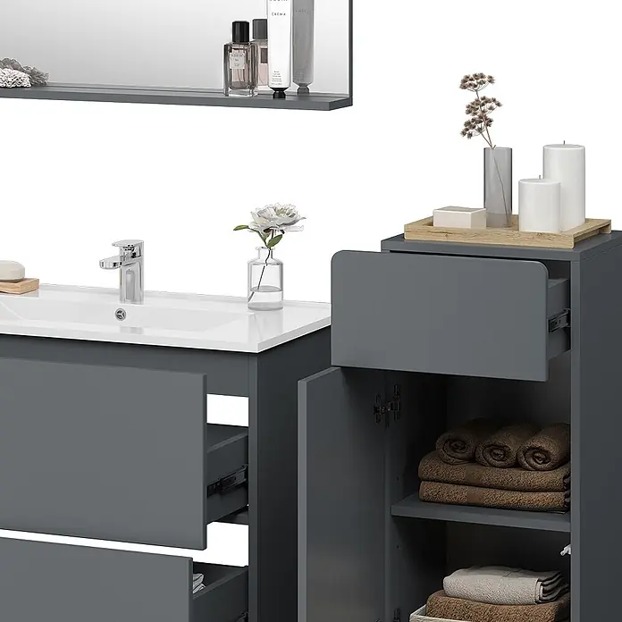 Vicco Badmöbel-Set Izan Grau 4 Teile mit Midischrank - Gesamtbreite Badmöbel: 116,6 cm, Grau, Matt - Dunkelgrauer Badwaschtisch mit weißem Waschbecken und passendem Hochschrank, offene Schubladen und Türen zeigen Handtücher.
