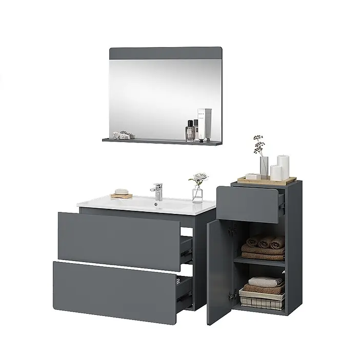 Vicco Badmöbel-Set Izan Grau 4 Teile mit Midischrank - Gesamtbreite Badmöbel: 116,6 cm, Grau, Matt - Grauer Badmöbel-Set mit Waschbecken, zwei Schubladen, Spiegel mit Ablage und hohem Stauraumschrank.