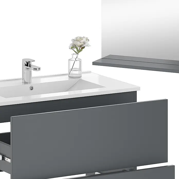Vicco Badmöbel-Set Izan Grau 3 Teile - Gesamtbreite Badmöbel: 80 cm, Grau, Matt - Anthrazitfarbener Waschtischunterschrank mit weißem Waschbecken, Chromarmatur und geöffneten Schubladen.