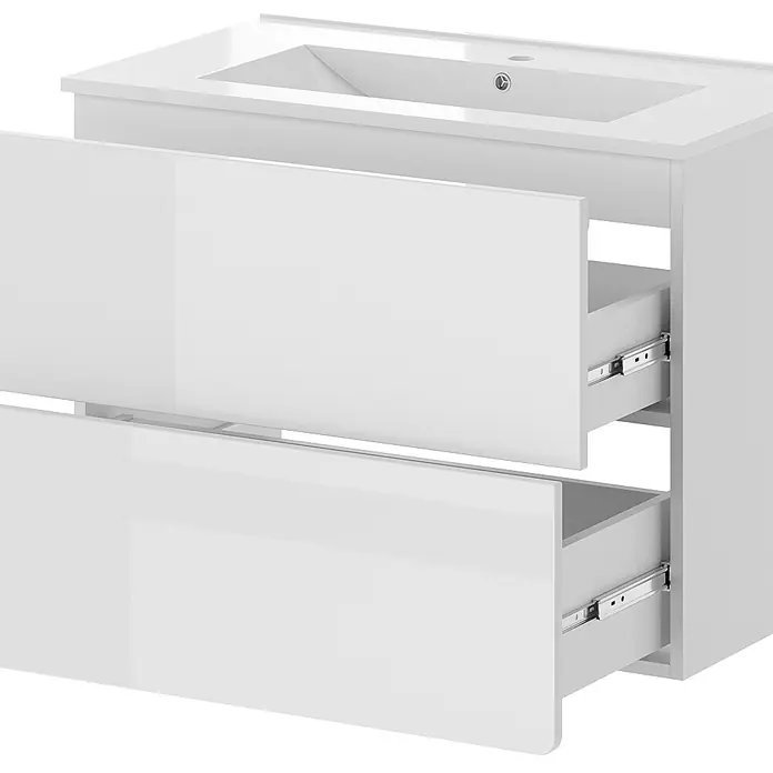 Vicco Badmöbel-Set Izan Weiß 2 Teile - Gesamtbreite Badmöbel: 80 cm, Weiß, Glänzend - Weißer Hochglanz-Badunterschrank mit integriertem Waschbecken und zwei teilweise geöffneten Schubladen.