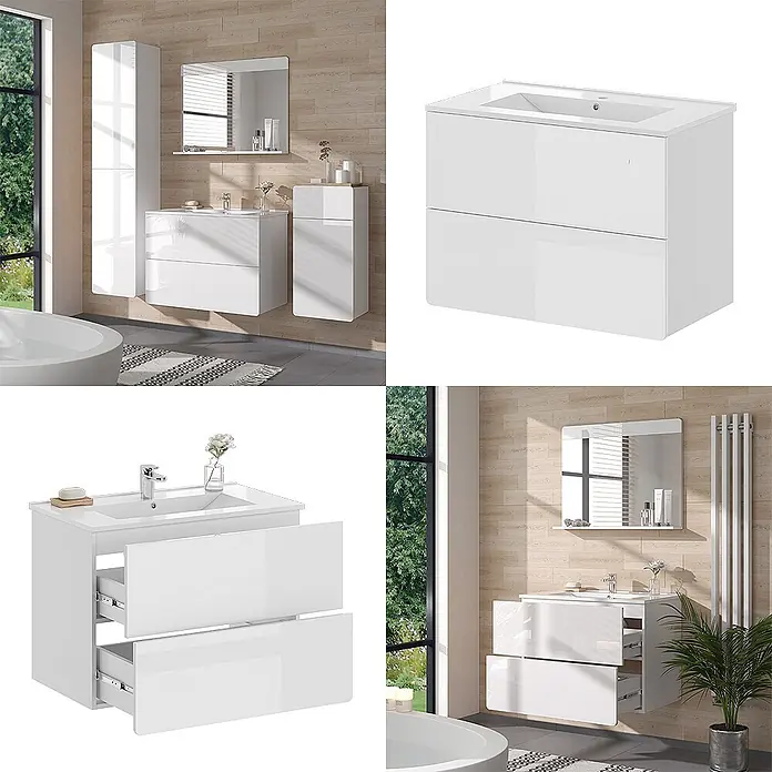 Vicco Badmöbel-Set Izan Weiß 2 Teile - Gesamtbreite Badmöbel: 80 cm, Weiß, Glänzend - Weißer glänzender Badunterschrank mit integriertem Waschbecken und zwei Schubladen, im modernen Badezimmer.