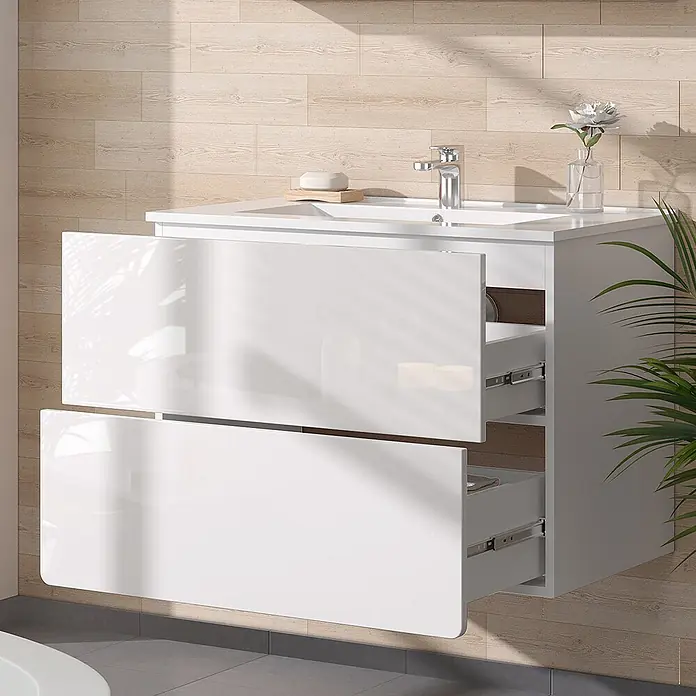Vicco Badmöbel-Set Izan Weiß 2 Teile - Gesamtbreite Badmöbel: 80 cm, Weiß, Glänzend - Weißer glänzender schwebender Badezimmerschrank mit integriertem Waschbecken und Wasserhahn, zwei offene Schubladen.