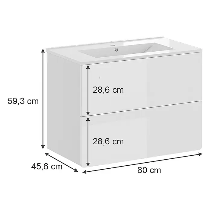 Vicco Badmöbel-Set Izan Weiß 2 Teile - Gesamtbreite Badmöbel: 80 cm, Weiß, Glänzend - Weißer Badunterschrank mit integriertem Waschbecken und zwei Schubladen. Maße: 80 cm breit, 45,6 cm tief, 59,3 cm hoch.