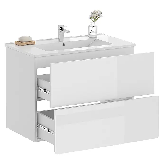 Vicco Badmöbel-Set Izan Weiß 2 Teile - Gesamtbreite Badmöbel: 80 cm, Weiß, Glänzend - Weißer Badunterschrank mit integriertem Waschbecken und zwei geöffneten Schubladen.