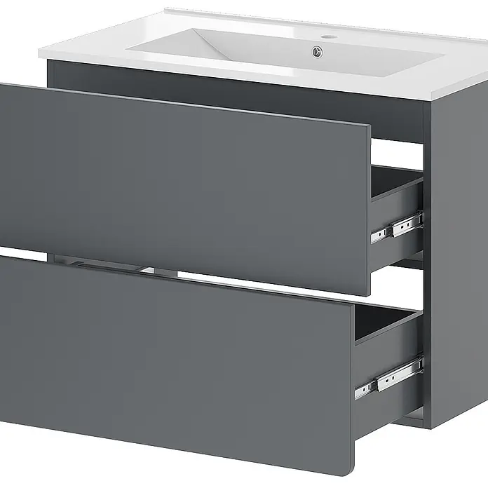 Vicco Badmöbel-Set Izan Grau 2 Teile - Gesamtbreite Badmöbel: 80 cm, Grau, Matt - Dunkelgrauer Badunterschrank mit weißem Keramikwaschbecken und zwei geöffneten Schubladen, die Metallauszüge zeigen.