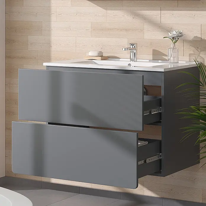 Vicco Badmöbel-Set Izan Grau 2 Teile - Gesamtbreite Badmöbel: 80 cm, Grau, Matt - Grauer wandmontierter Badschrank mit weißem Waschbecken und zwei geöffneten Schubladen in einem modernen Bad.