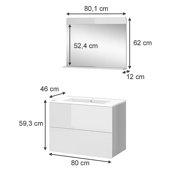 Vicco Badmöbel-Set Izan Weiß 3 Teile - Gesamtbreite Badmöbel: 80 cm, Weiß, Glänzend - Weißer Badezimmerschrank mit integriertem Waschbecken und zwei Schubladen, dazu ein rechteckiger Spiegel mit Beleuchtung und Ablage.