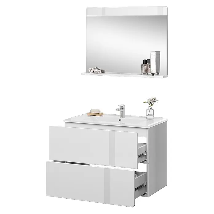Vicco Badmöbel-Set Izan Weiß 3 Teile - Gesamtbreite Badmöbel: 80 cm, Weiß, Glänzend - Glänzender weißer Badunterschrank mit offenen Schubladen, Keramikwaschbecken, Chromarmatur und passendem Spiegel mit Ablage.