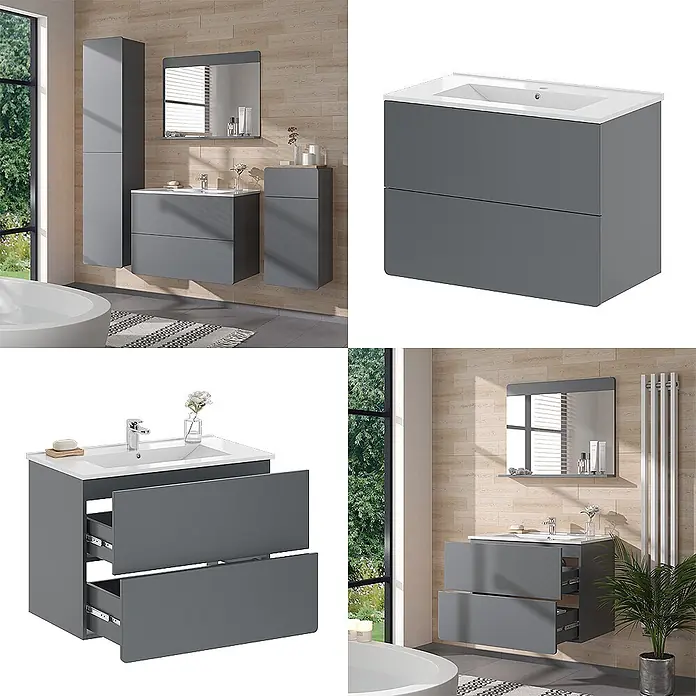 Vicco Badmöbel-Set Izan Grau 2 Teile - Gesamtbreite Badmöbel: 80 cm, Grau, Matt - Grauer Badezimmerschrank mit weißem Waschbecken und zwei geräumigen Schubladen, montiert und mit geöffneten Schubladen gezeigt.