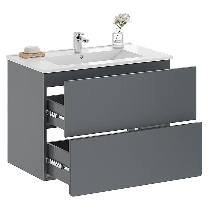 Vicco Badmöbel-Set Izan Grau 2 Teile - Gesamtbreite Badmöbel: 80 cm, Grau, Matt - Grau wandmontierter Badunterschrank mit weißem Waschbecken, Chromarmatur und zwei teilweise geöffneten Schubladen. Mit Vase und Seife.