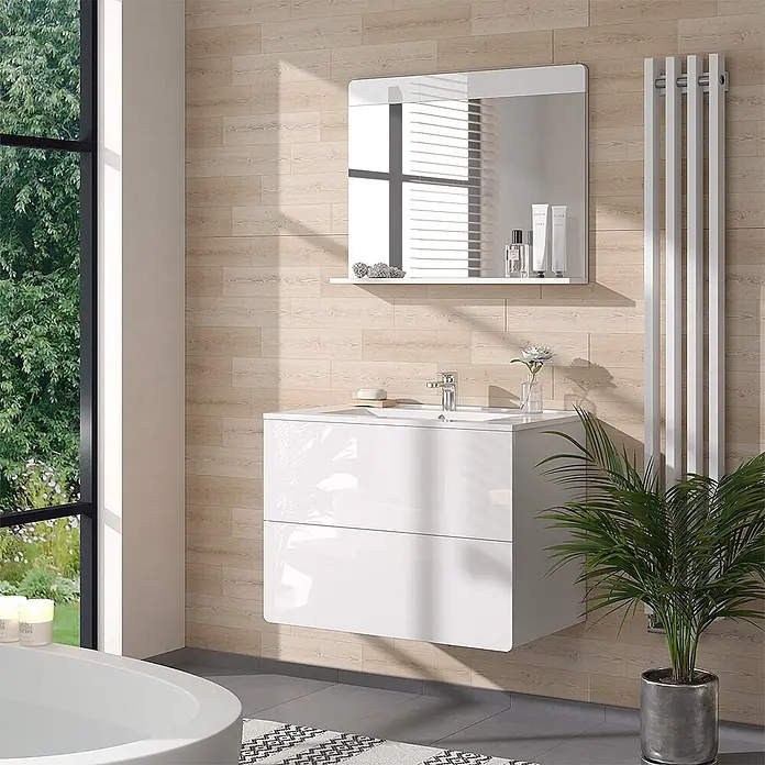Vicco Badmöbel-Set Izan Weiß 3 Teile - Gesamtbreite Badmöbel: 80 cm, Weiß, Glänzend - Schwebender weißer Badunterschrank mit integriertem Waschbecken und Spiegel in einem modernen Badezimmer.