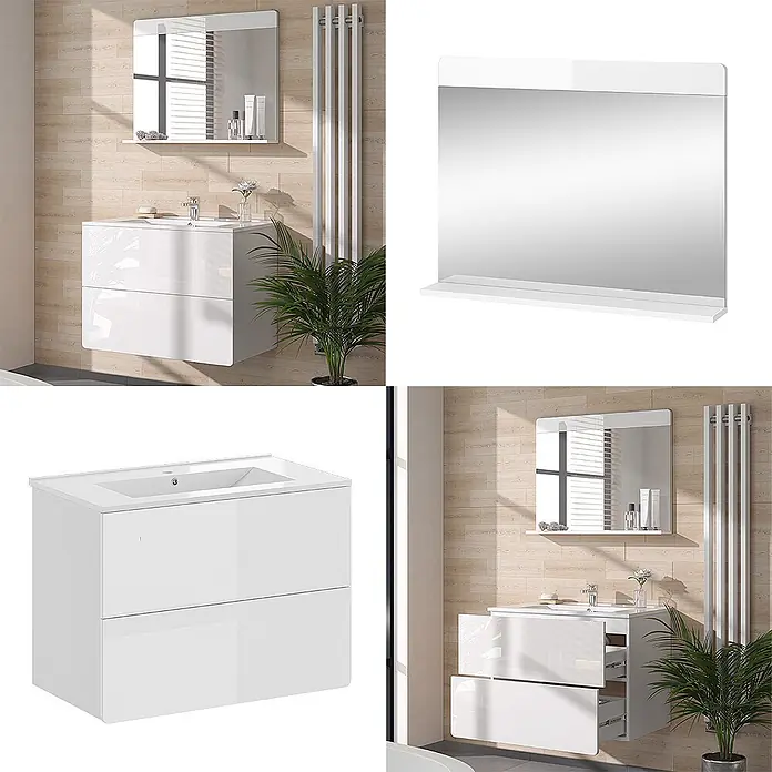 Vicco Badmöbel-Set Izan Weiß 3 Teile - Gesamtbreite Badmöbel: 80 cm, Weiß, Glänzend - Weißer, glänzender Badezimmer-Waschtischunterschrank mit integriertem Waschbecken und zwei Schubladen, dazu passender rechteckiger Spiegel mit Ablage.